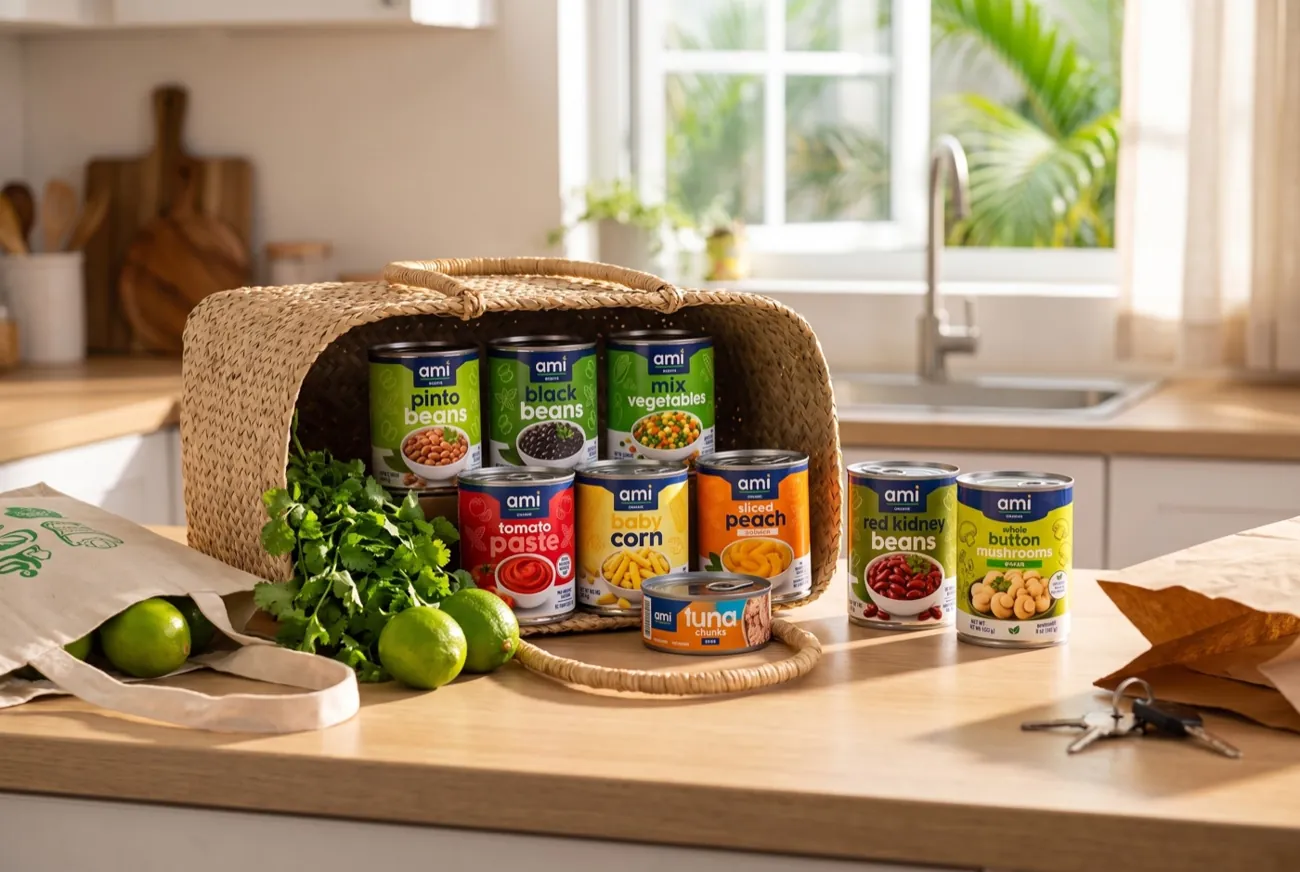 A basket of ami anytime canned goods on a sunlit kitchen counter